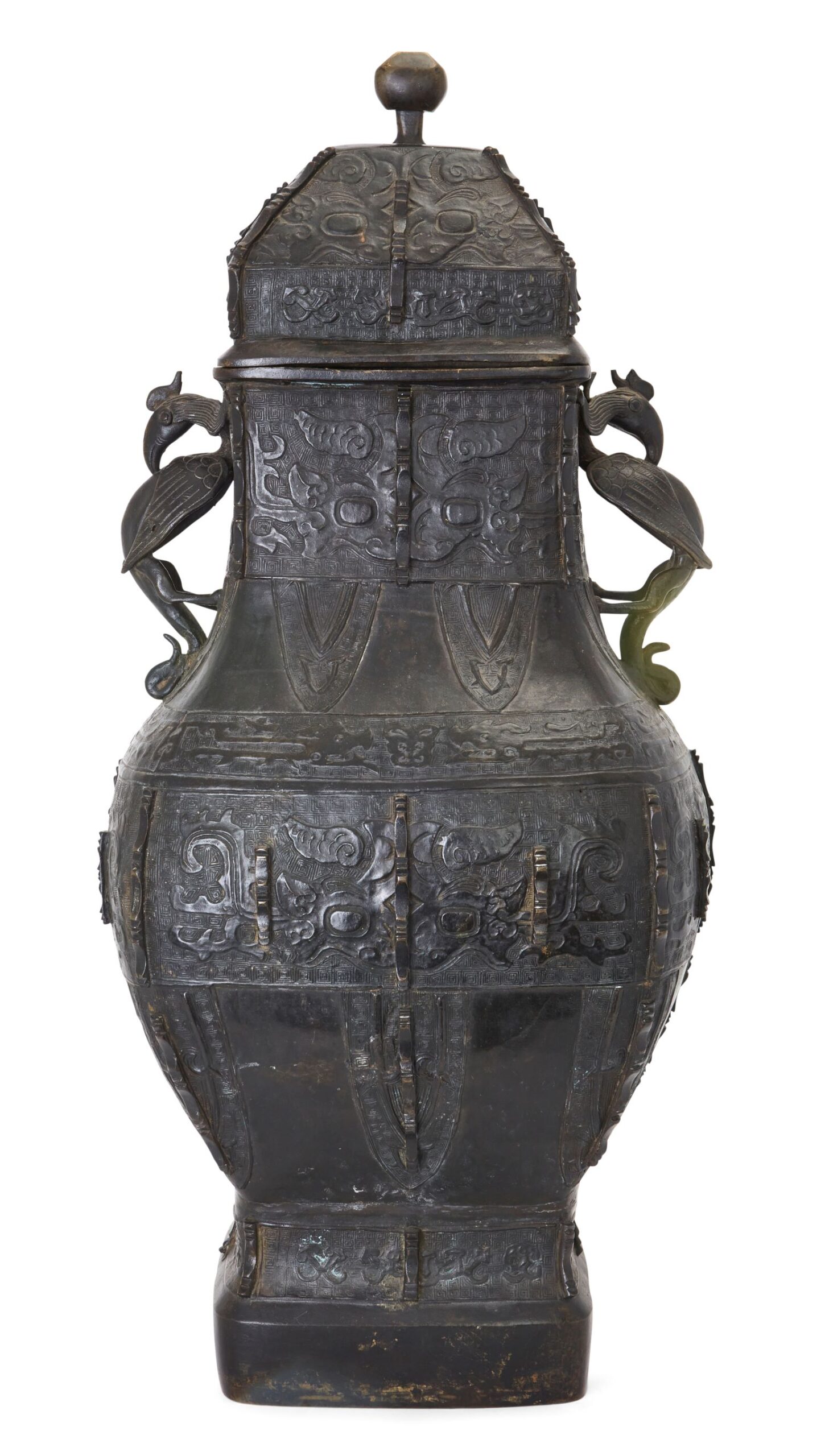A massive Chinese bronze archaistic vase and cover, fanghu, 17th century