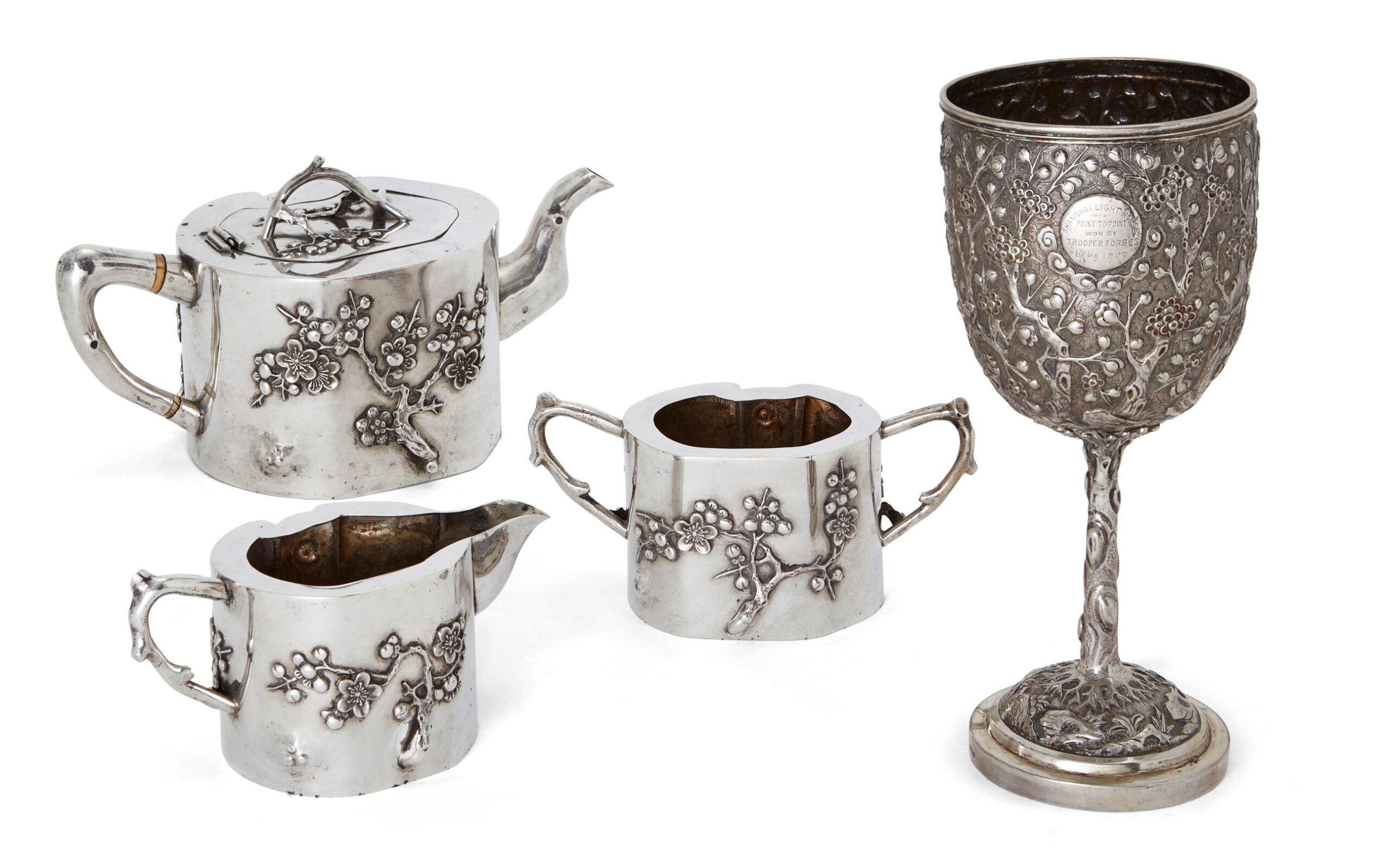 A Chinese three piece silver tea set a goblet, the goblet by Luen Wo, 19th century