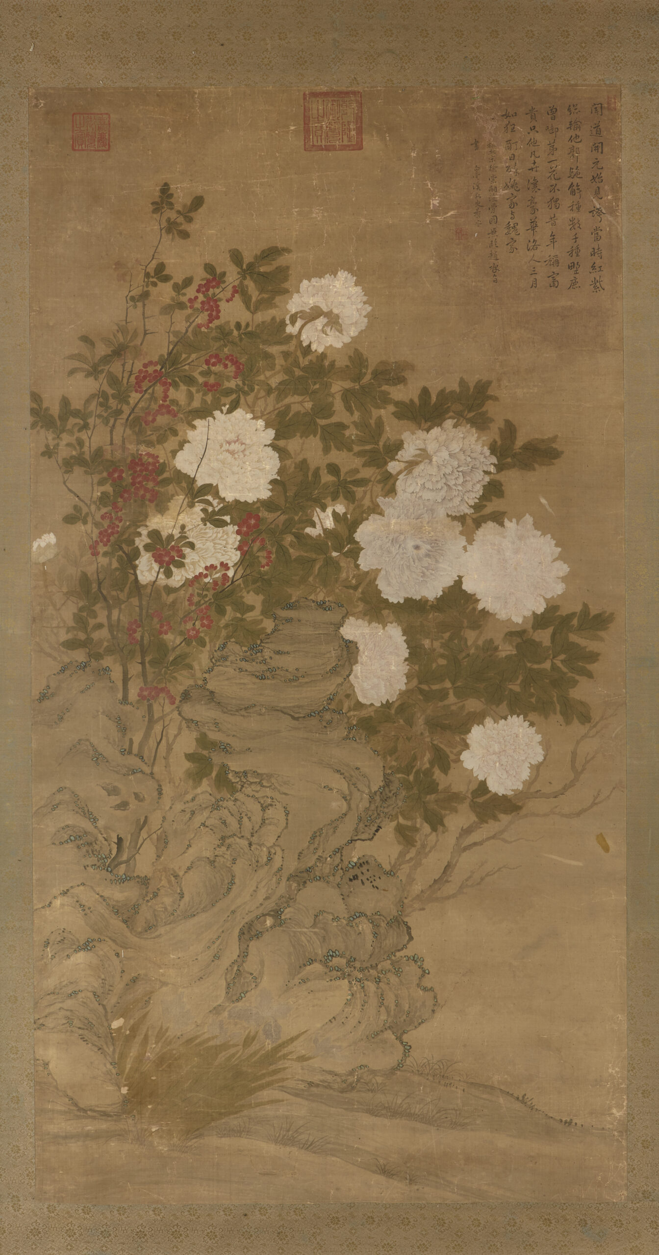 Yun Shouping (attributed to, 1633 – 1690), Peonies, framed, part of a hanging scroll with silk mount, ink and colour on silk