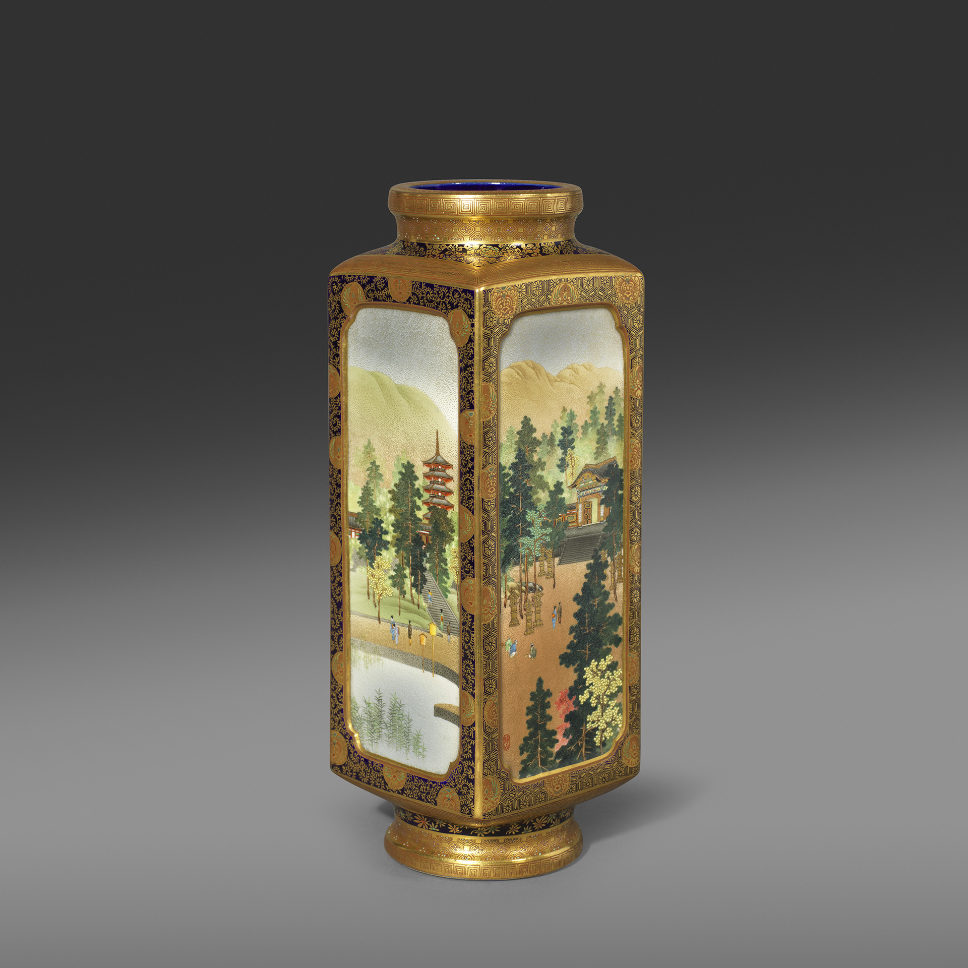 Kinkōzan Sōbei of Kyoto.
A Satsuma earthenware square vase with four seasons views in Nikko.
Meiji era, circa 1900.
Height 23.8 cm Width 8 cm.
Kinkōzan Sōbei of Kyoto.
A Satsuma earthenware square vase with four seasons views in Nikko.
Meiji era, circa 1900.
Height 23.8 cm Width 8 cm.