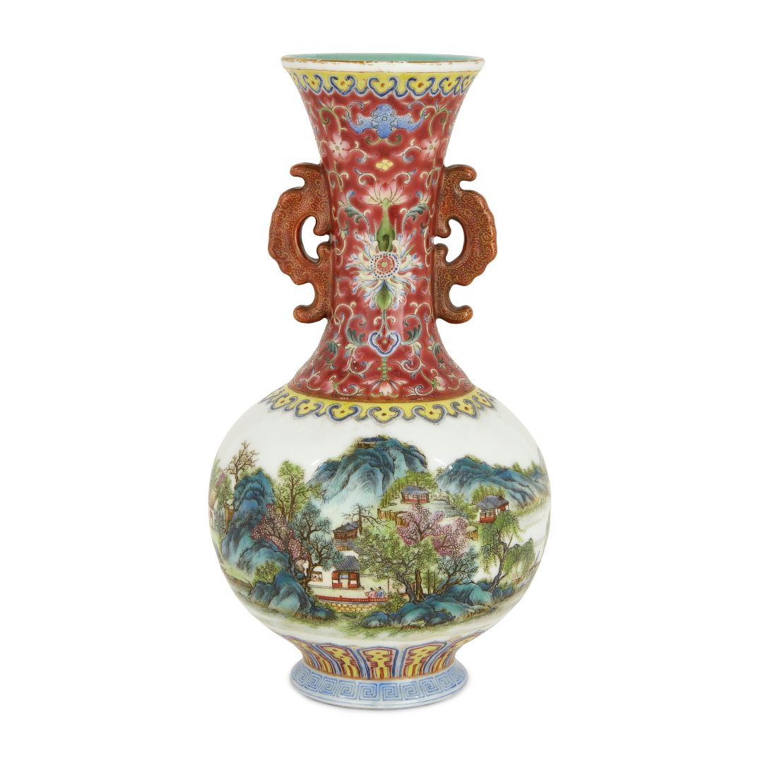 A Chinese twin handled famille rose 'landscape' vase, Republic period