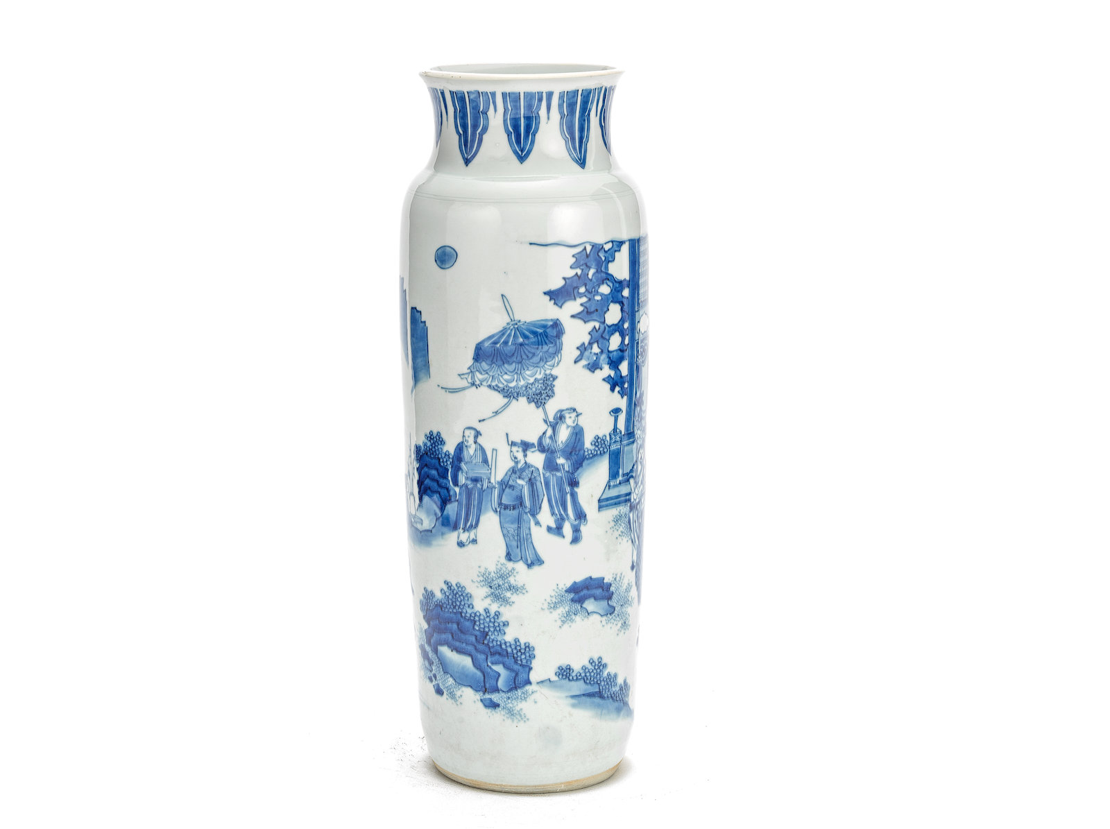 A blue and white sleeve vase, Chongzhen
Painted with a gathering of gentlemen and attendants on a pavilion terrace.
47cm (18.1/2in) high.
Estimate: £8,000-12,000 A blue and white sleeve vase, Chongzhen
Painted with a gathering of gentlemen and attendants on a pavilion terrace.
47cm (18.1/2in) high.
Estimate: £8,000-12,000