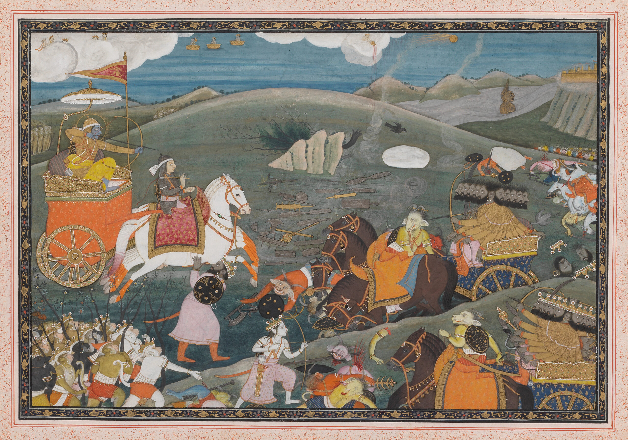 A scene from a Ramayana series (the 'Second' Guler Ramayana), depicting Rama about to kill the demon king Ravana in the battle between the two armies