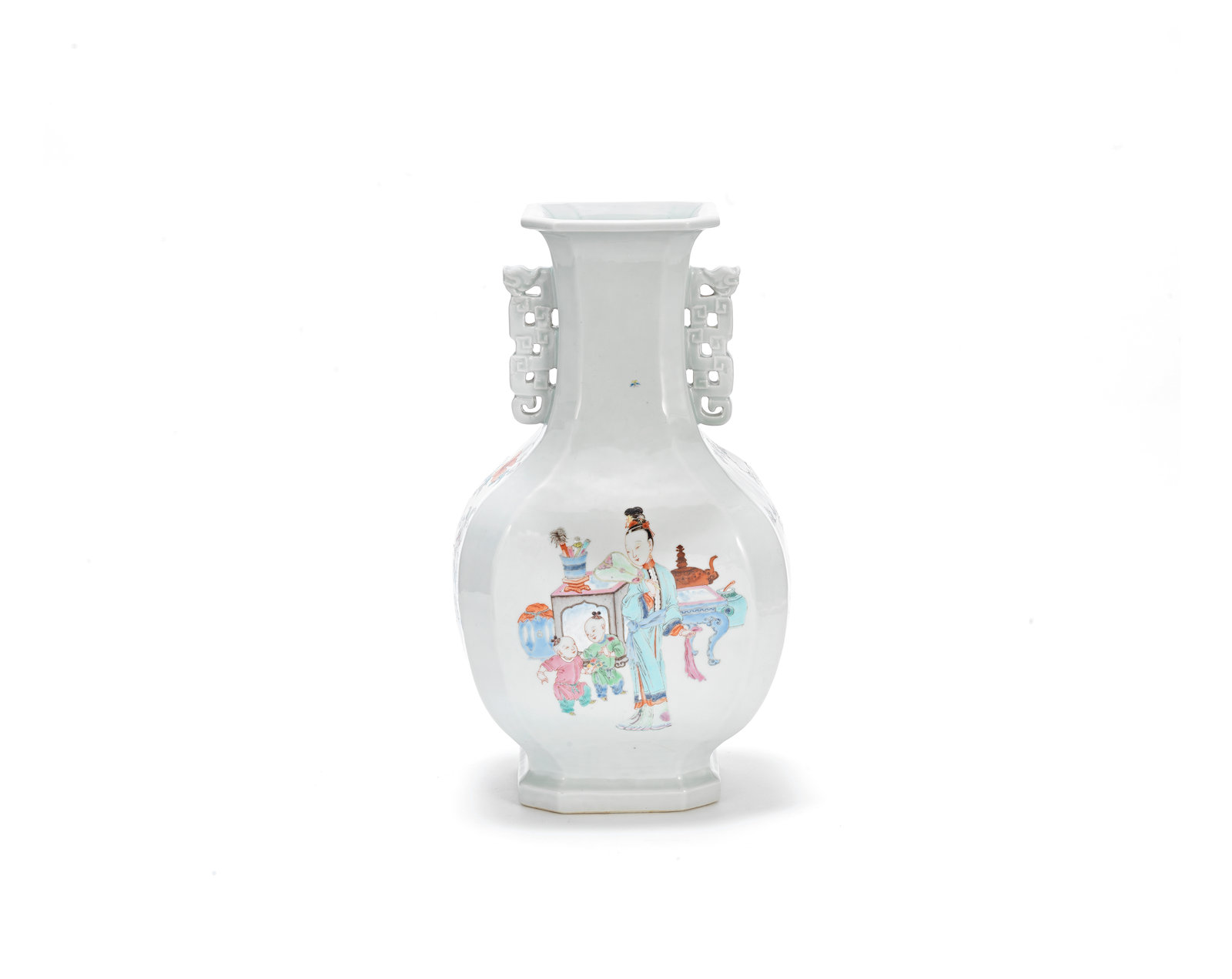 A famille-rose baluster vase, Yongzheng
Painted with an elegant lady and boys in an interior amongst scholars' objects, the reverse with a river landscape, the sides respectively with flowering peonies and camellias.
44cm (17 1/4in) high.
Estimate: £10,000-15,000 A famille-rose baluster vase, Yongzheng
Painted with an elegant lady and boys in an interior amongst scholars' objects, the reverse with a river landscape, the sides respectively with flowering peonies and camellias.
44cm (17 1/4in) high.
Estimate: £10,000-15,000