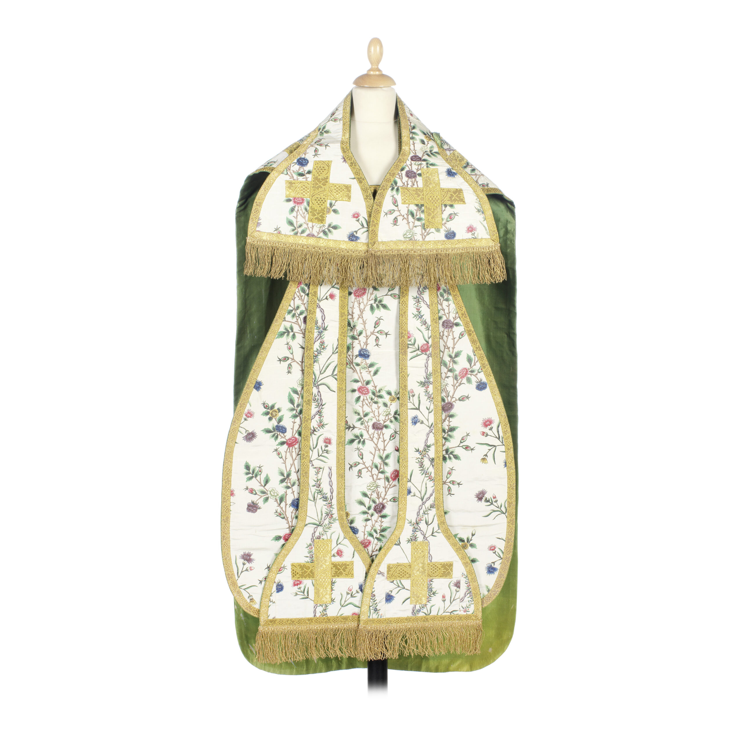 A CHINESE PAINTED AND EMBROIDERED CHASUBLE, STOLE AND MANIPLE 18th century