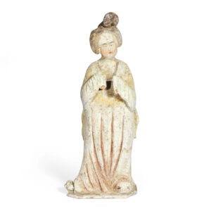 A FINE AND LARGE PAINTED POTTERY FIGURE OF A COURT LADY, Tang Dynasty
