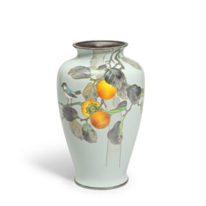 A moriage and cloisonne enamel bird and persimmon vase, by the workshop of Ando Jubei of Nagoya, dated to the 4th year of Showa, corresponding to 1929 and of the period