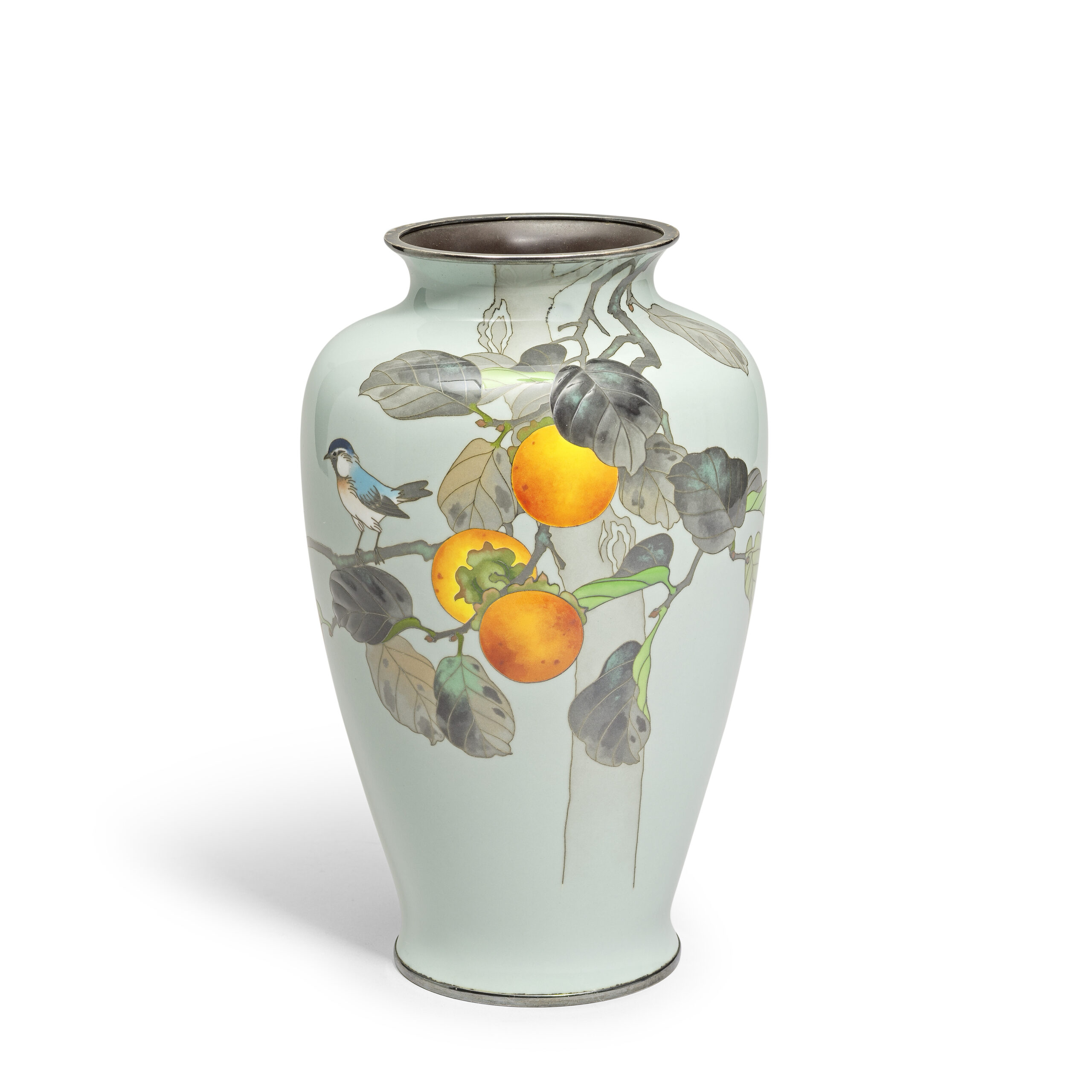 A moriage and cloisonne enamel bird and persimmon vase, by the workshop of Ando Jubei of Nagoya, dated to the 4th year of Showa, corresponding to 1929 and of the period