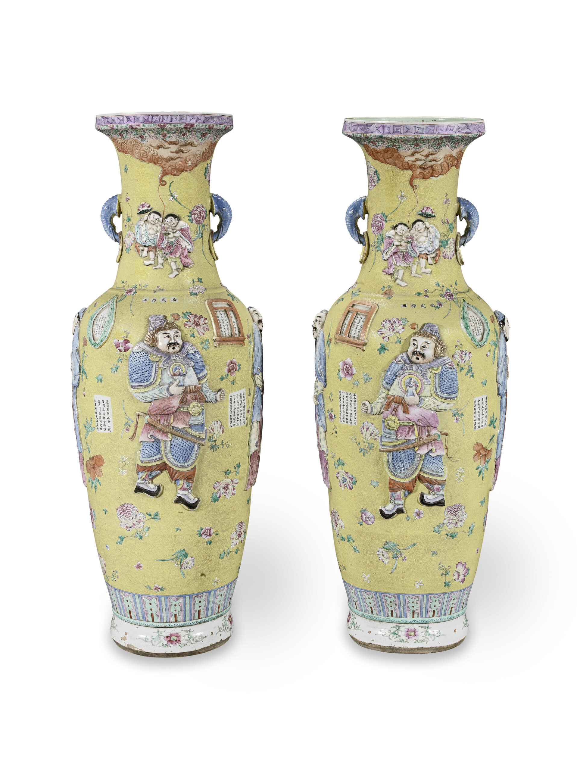 A rare and extremely large pair of moulded famille rose 'Wu Shuang Pu' vases