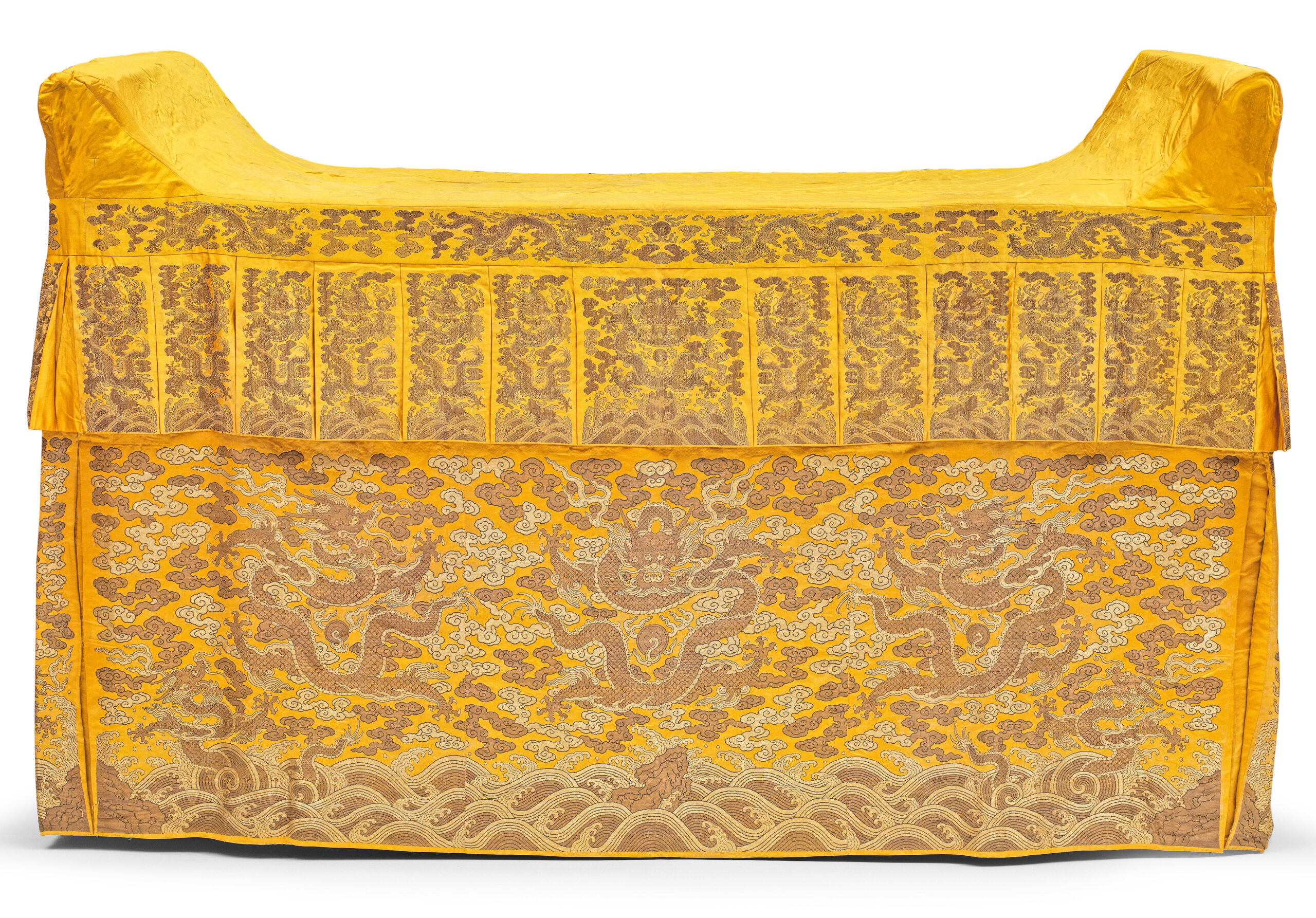 AN EXTREMELY RARE LARGE IMPERIAL YELLOW-GROUND SILK-BROCADE 'DRAGON' ALTAR COVER, Qianlong, lot 145, Fine Chinese Art, 12 May