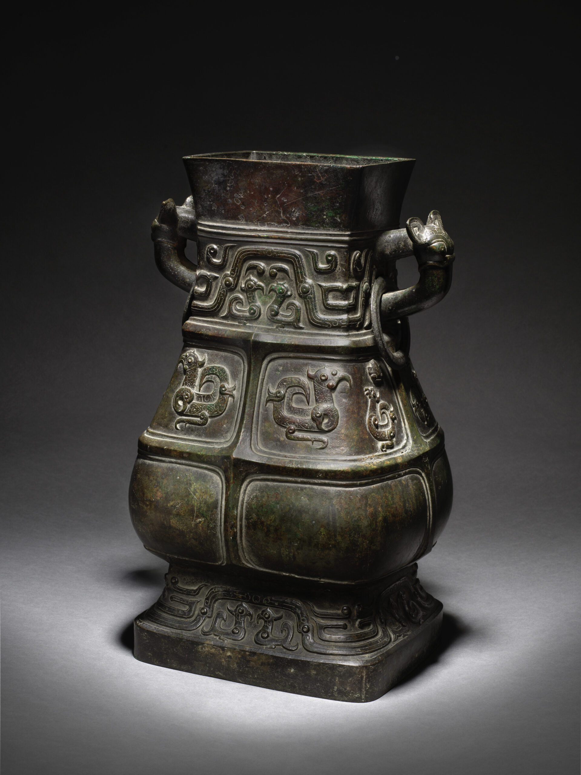 AN IMPORTANT AND RARE MONUMENTAL ARCHAISTIC BRONZE RITUAL WINE VESSEL, FANG HU SongMing Dynasty