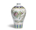 An exceptionally rare Imperial famille rose and underglaze blue pomegranate vase, Qianlong seal mark and of the period