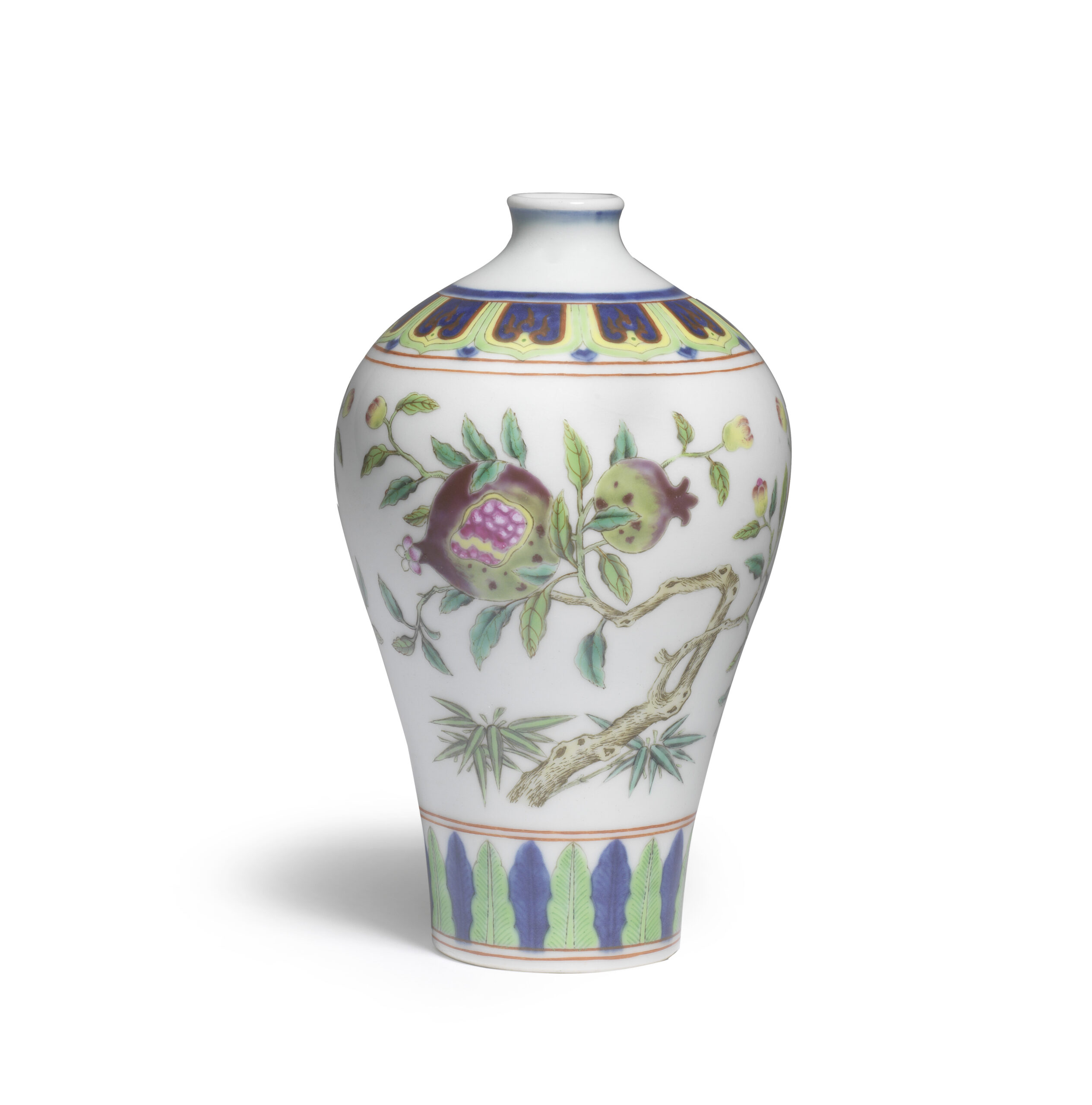 An exceptionally rare Imperial famille rose and underglaze blue pomegranate vase, Qianlong seal mark and of the period