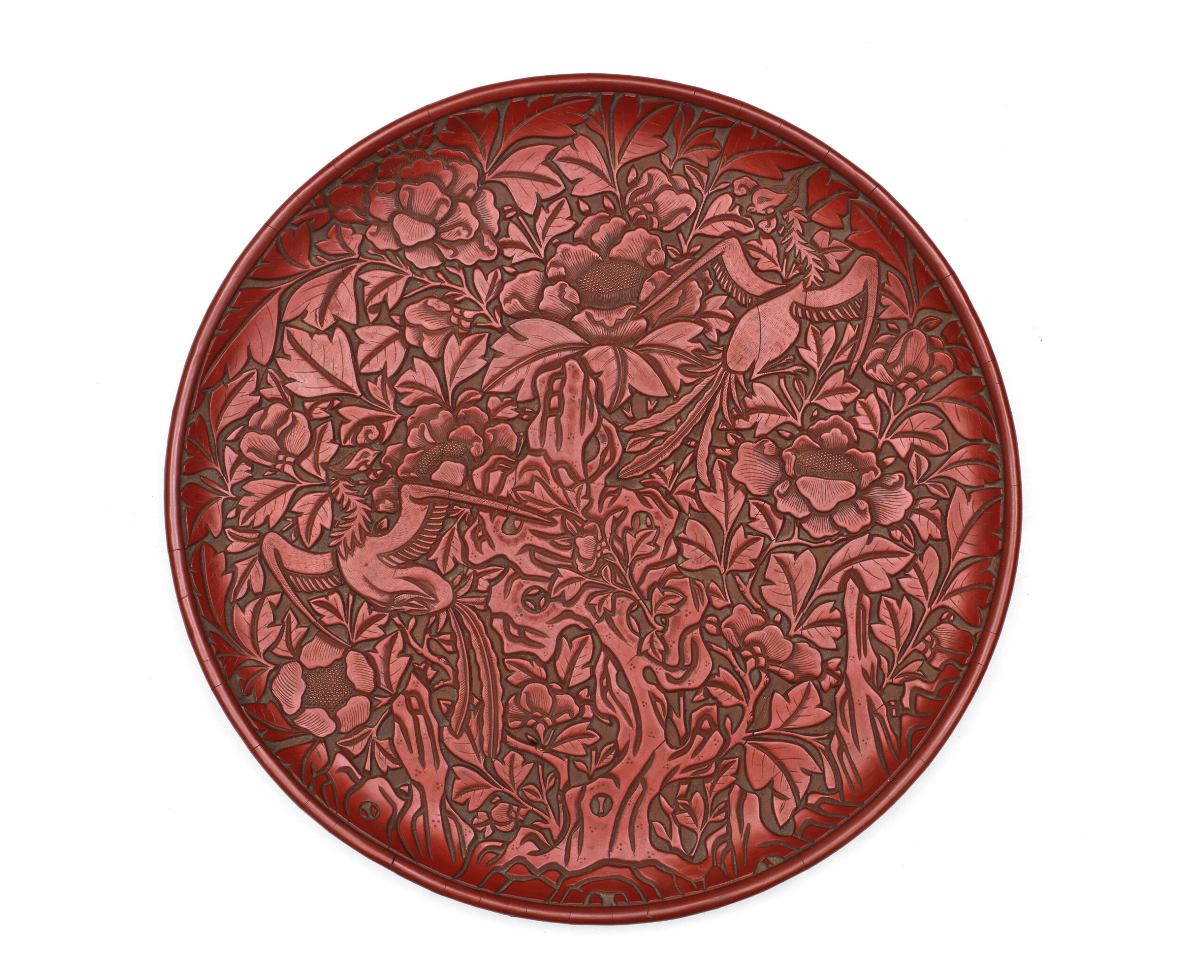 An exceptionally rare large cinnabar lacquer 'phoenix and peony' dish, 14th century, lot 98, Fine Chinese Art, 12 May