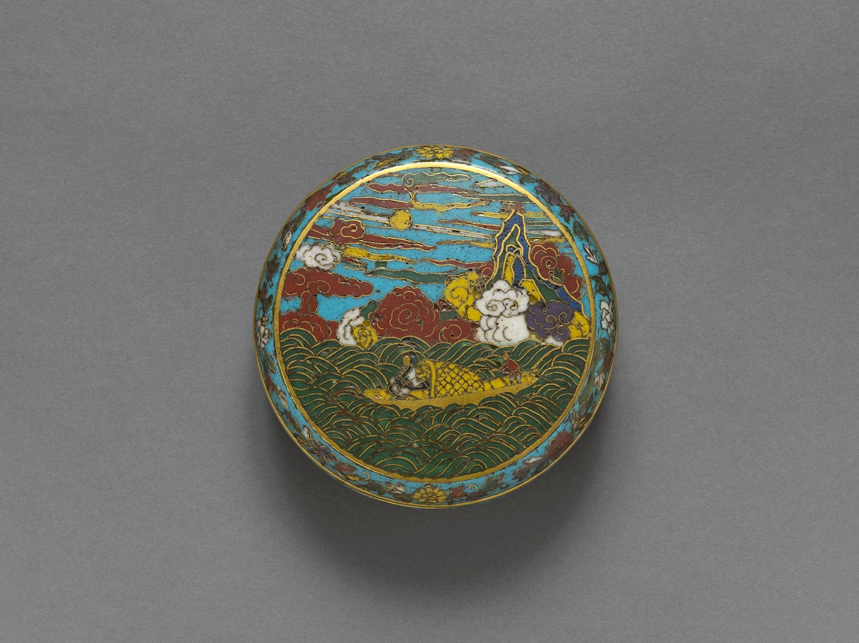An important cloisonné enamel literati subject box and cover
