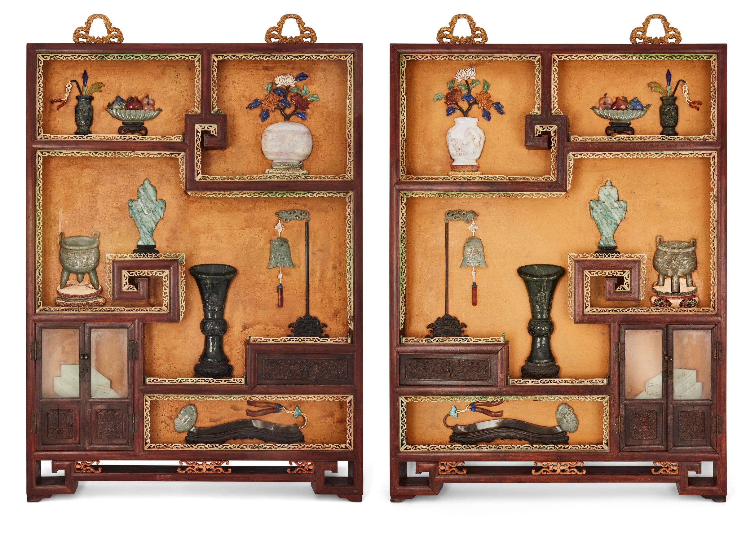 A pair of Chinese hardstone inlaid cabinet plaques, Qing dynasty