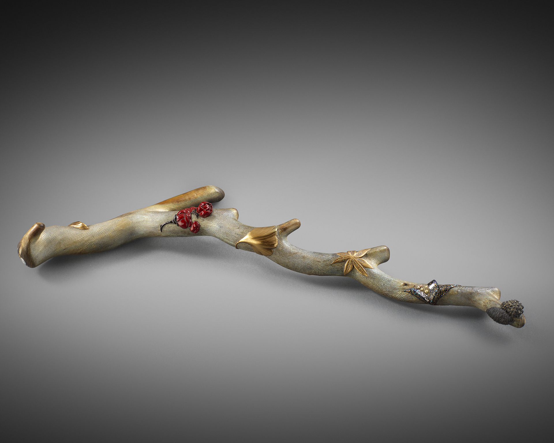 Tomizo Saratani - Brush Rest An umimatsu brush rest worked in sabi-age-maki-e depicting the changing seasons including cherry blossoms, ginkgo, maple leaves and pine cones. Signed on a silver plaque Tomizo, Length 28 cm, Inscribed wood tomobako signed Tomizo and with red seal, 2019 Tomizo Saratani - Brush Rest An umimatsu brush rest worked in sabi-age-maki-e depicting the changing seasons including cherry blossoms, ginkgo, maple leaves and pine cones. Signed on a silver plaque Tomizo, Length 28 cm, Inscribed wood tomobako signed Tomizo and with red seal, 2019