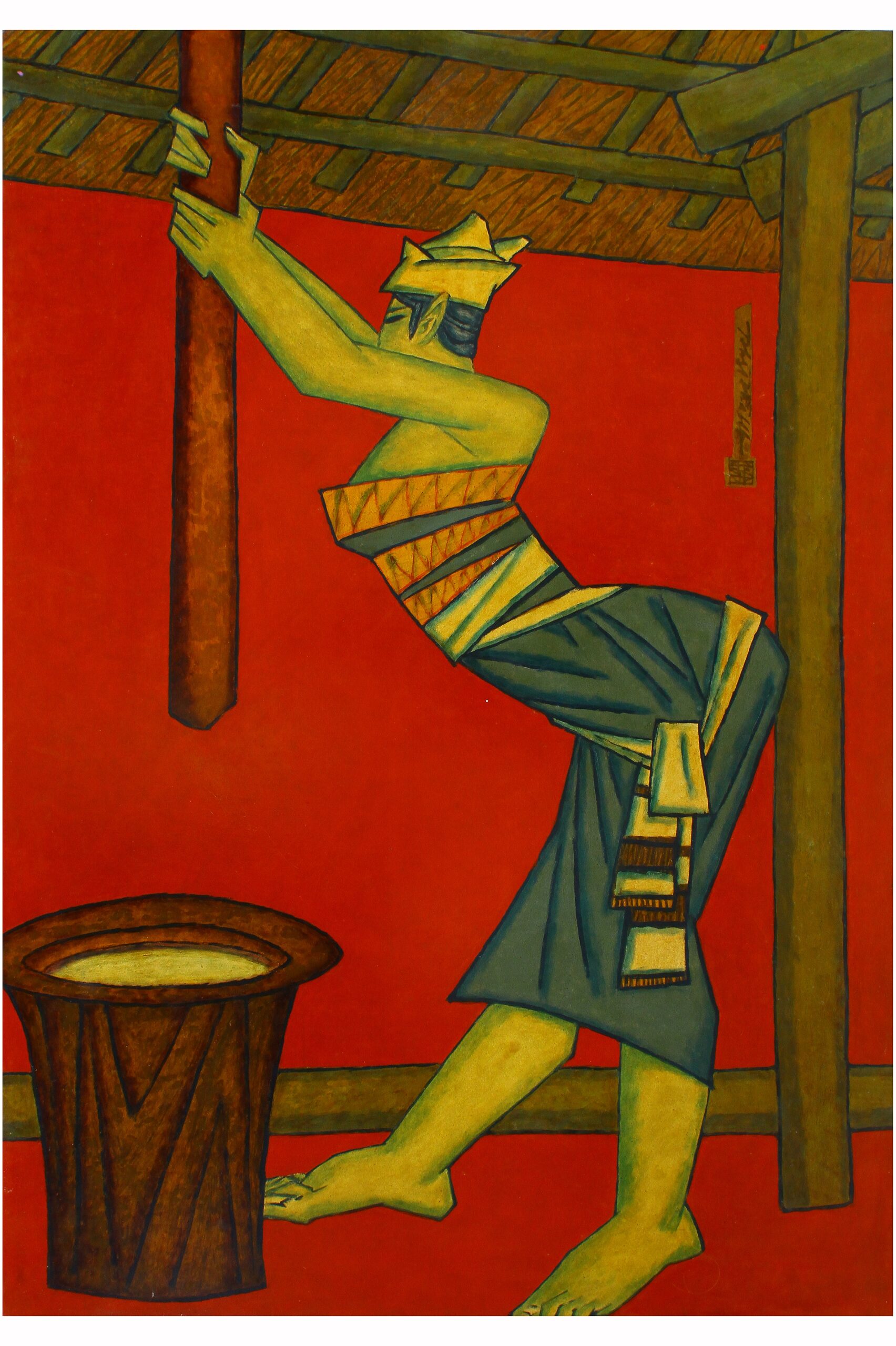 Pounding Rice (detail) by Phung Pham, lacquer on wood, 2003, 120 x 80 cm