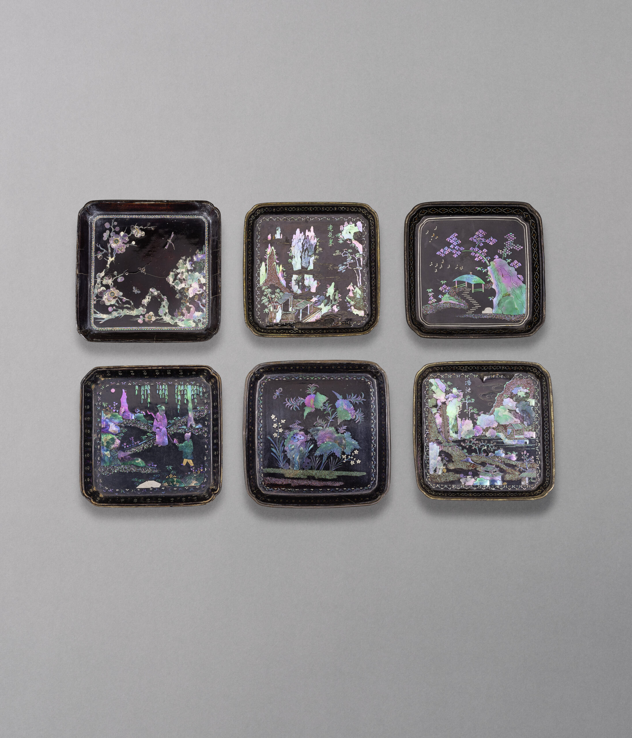 Set of six lacquer dishes inlaid with multi-coloured thin segments of shell