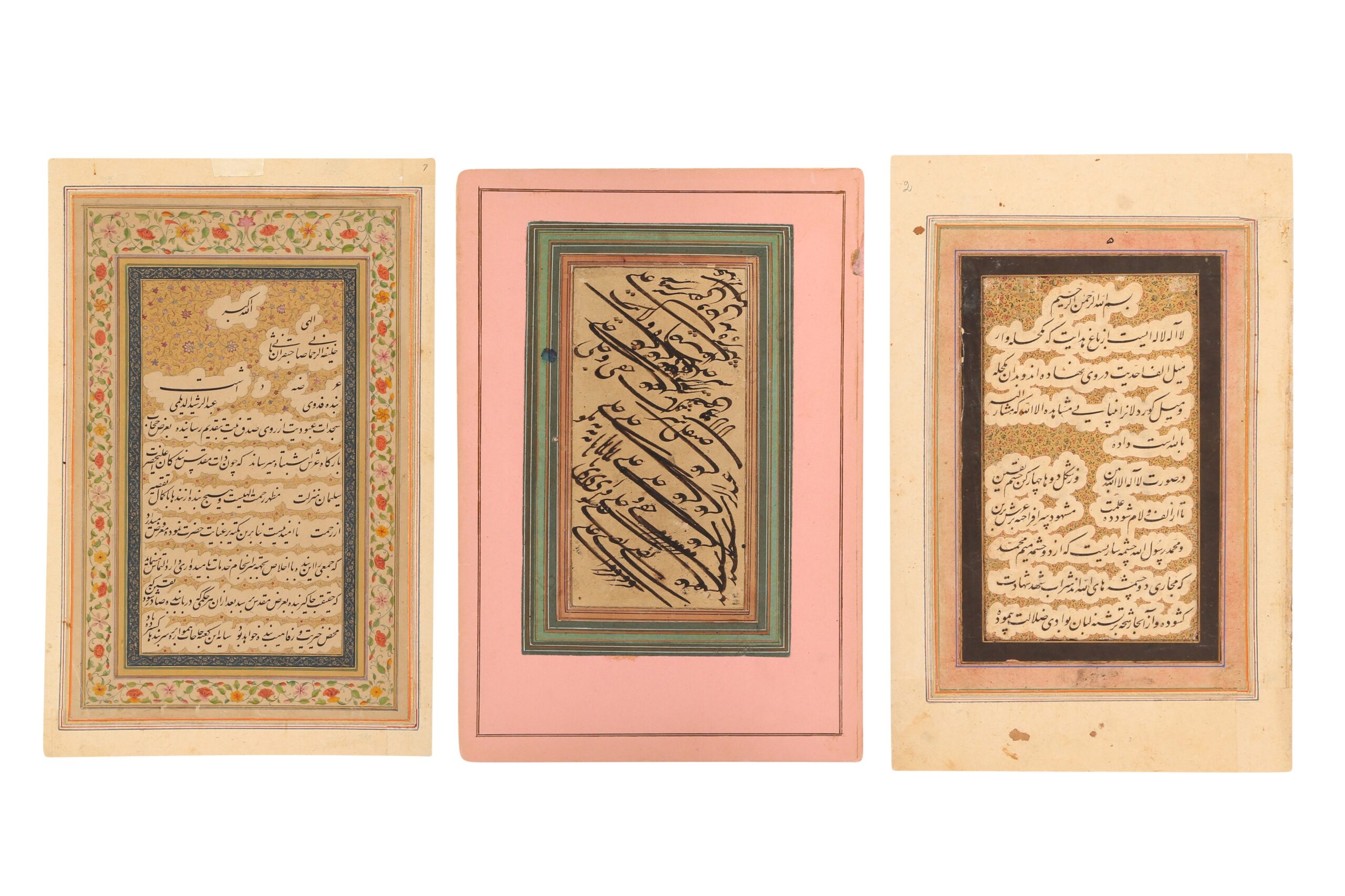 Lot 104. THREE MURAQQA' ALBUM PAGES WITH CALLIGRAPHIC COMPOSITIONS Mughal India, 17th century and later. Sold for £9,375