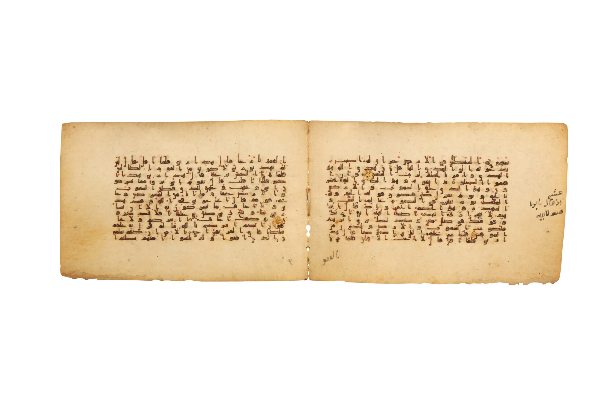 Lot 454. A SMALL-SIZED KUFIC QUR'AN BIFOLIO Near East or North Africa, 9th - 10th century. Sold for £12,500