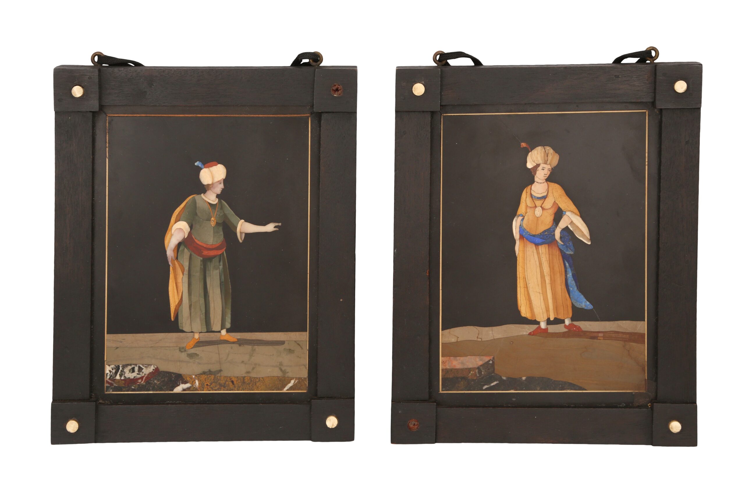 Lot 700. TWO FLORENTINE PIETRA DURA PANELS WITH A TURKISH GENTLEMAN AND MAIDEN In the style of Antonio Cioci's pietra dura inlays, Florence, Estimate £2,000 - £3,000 Italy, ca. 1780 - 1820. 