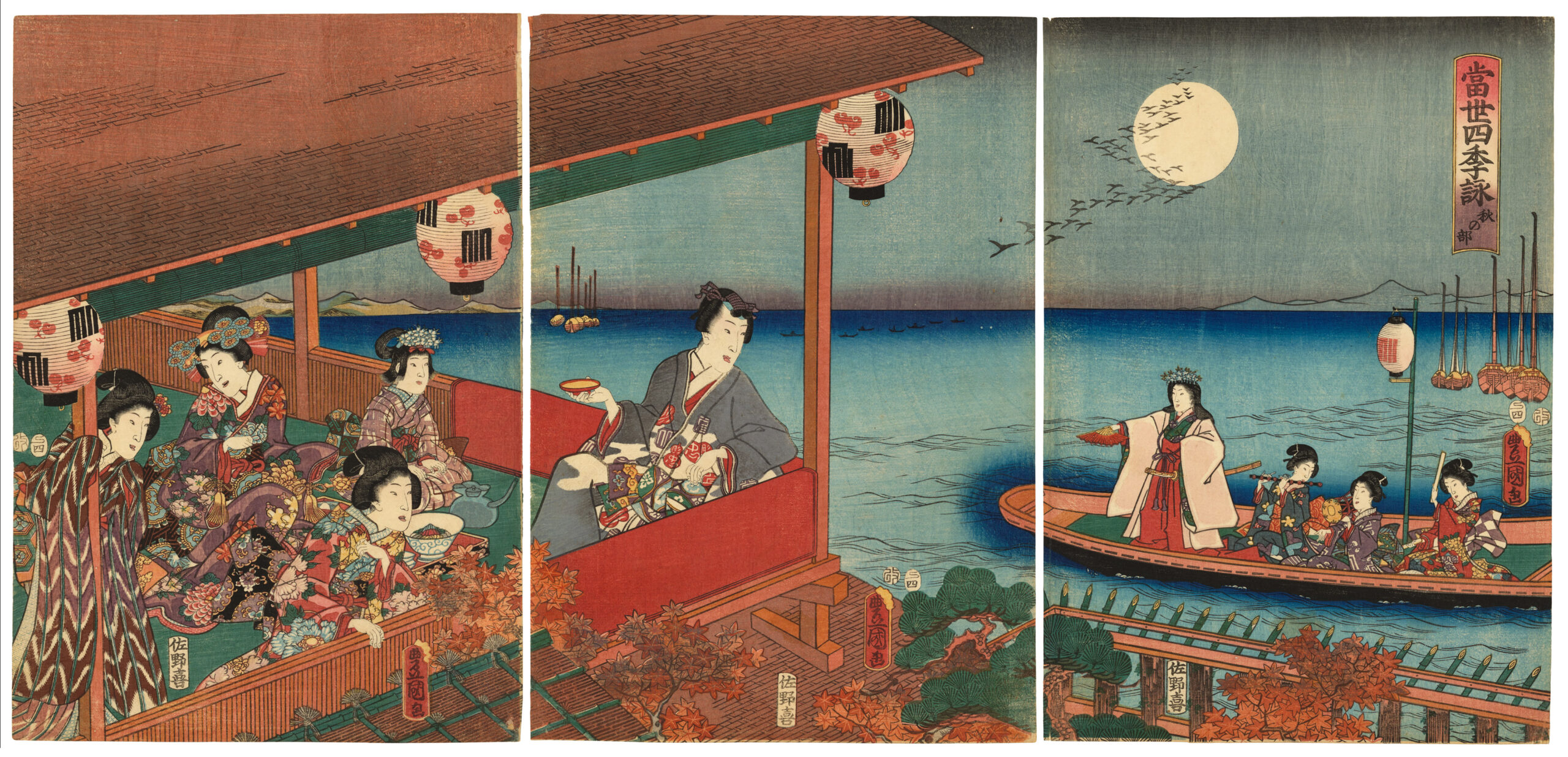 Utagawa Kunisada (1786-1865), 'Autumn Section', from the series 'Modern Views of the Four Seasons', woodblock print, triptych, 1857, 4th month, 36 x 25.3cm. (each sheet approx.)