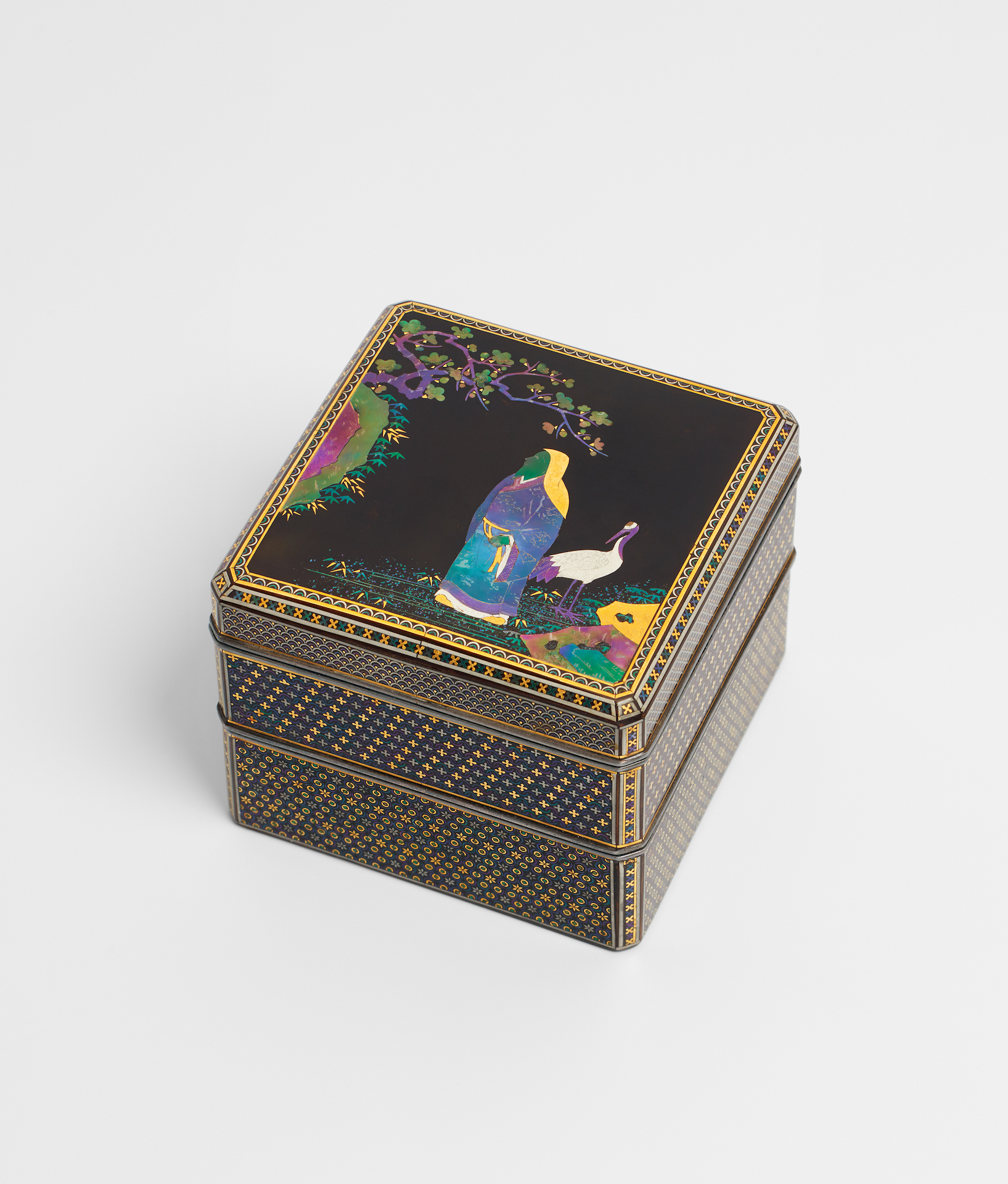 A Somada lacquer tiered incense box (jukoko), depicting the hermit Lin Pu and a crane, Meiji period (late 19th century), 6.3 x 6.3 x 5.1 cm.