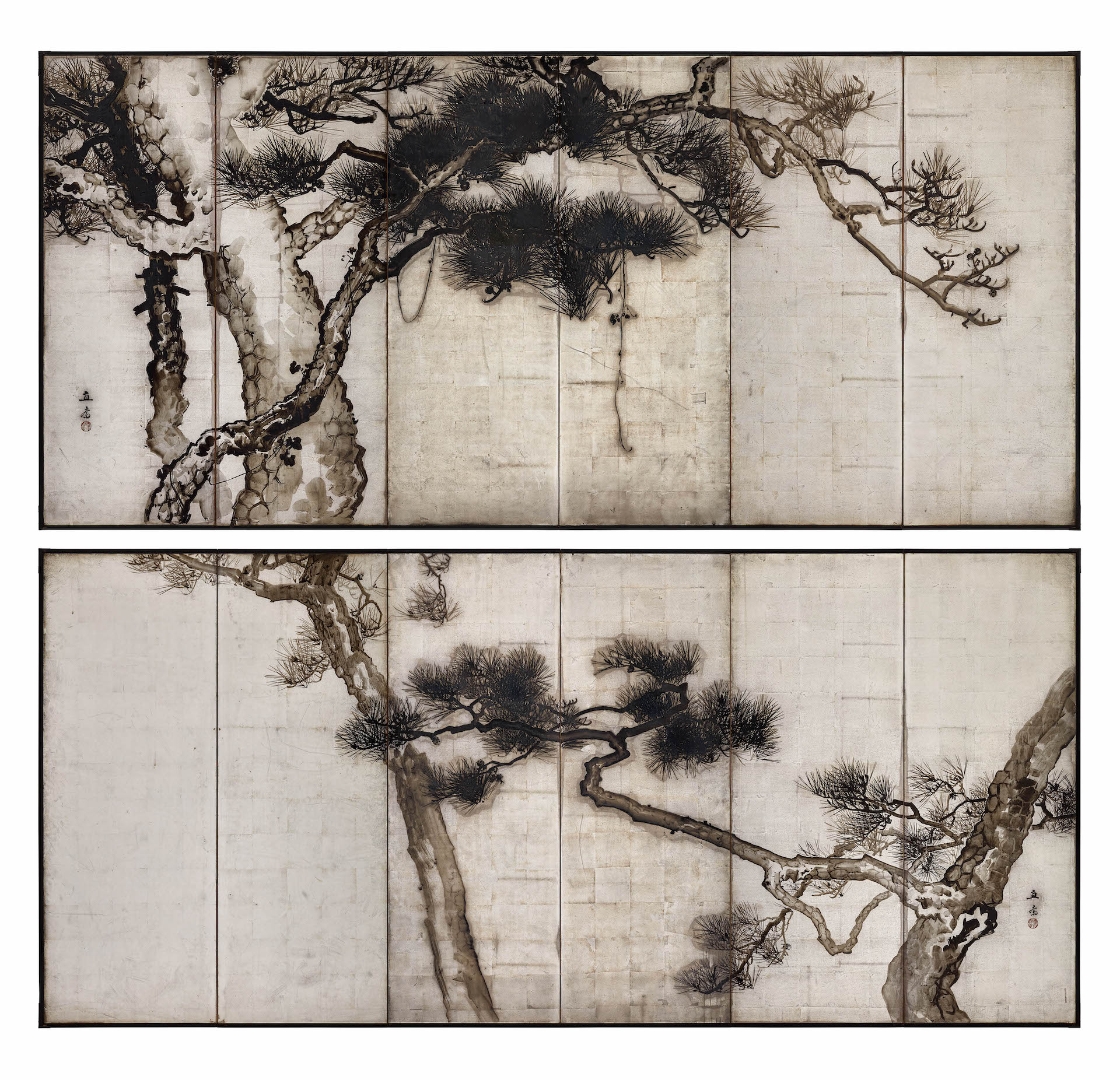 Uenaka Chokusai (1885-1977), ‘Pine Trees’, pair of six-panel folding screens (byobu), circa 1910s, sumi ink and silver leaf on paper, 172 x 378 cm. (unfolded)