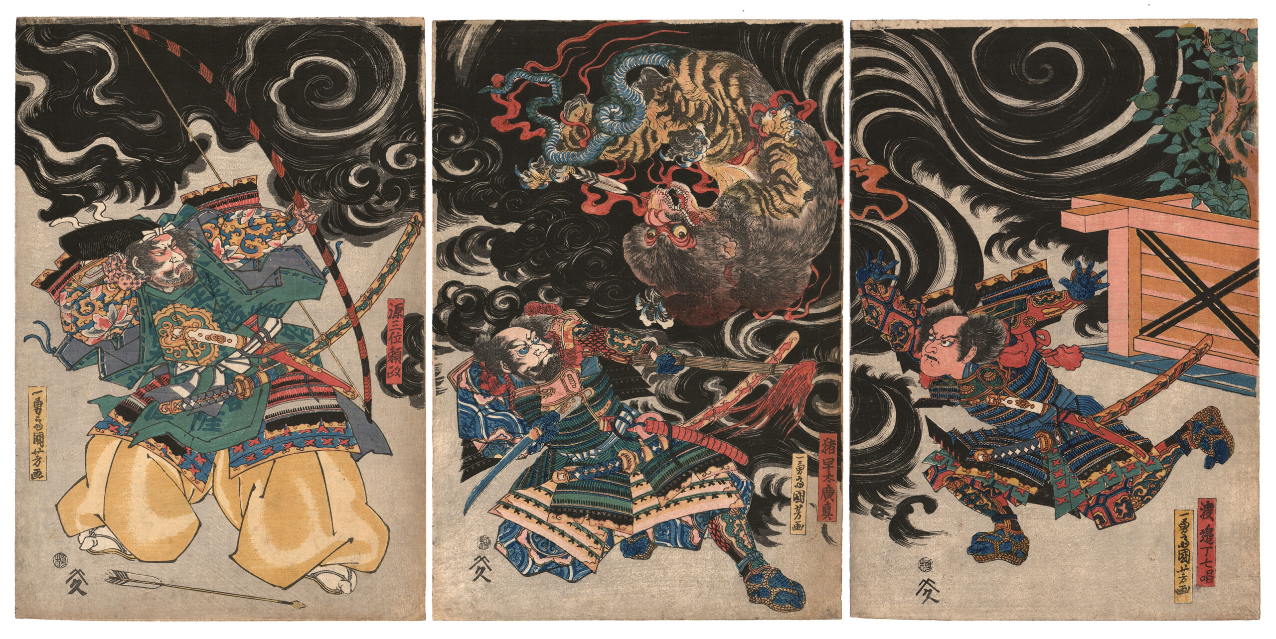 Utagawa Kuniyoshi (1797-1861) 'Minamoto no Yorimasa Slaying the Nue', woodblock print, triptych, circa 1820-25, each sheet approx.: 38.3 x 26 cm.