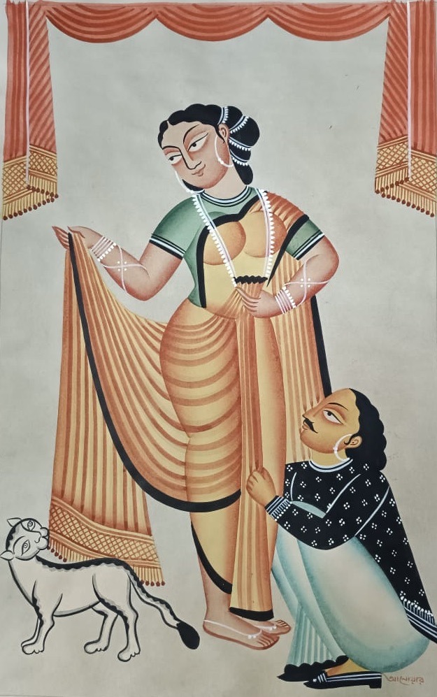 Anwar Chitrakar, Kalighat Pattachitra - Getting dressed, 2022, 51 x 36cm