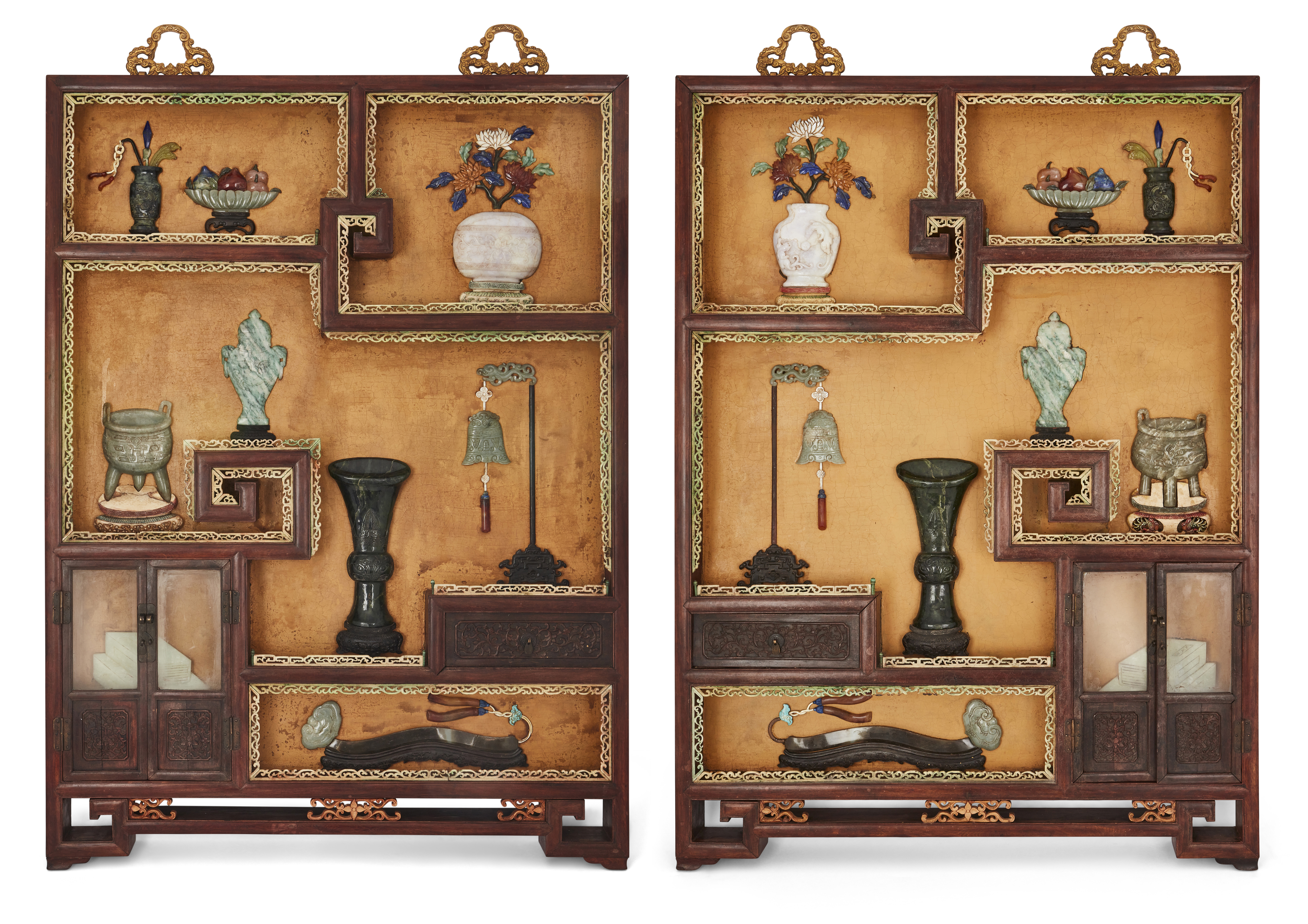 An impressive pair of Chinese lacquer and hardstone inlaid trompe-l'œil panels, Late Qing dynasty
