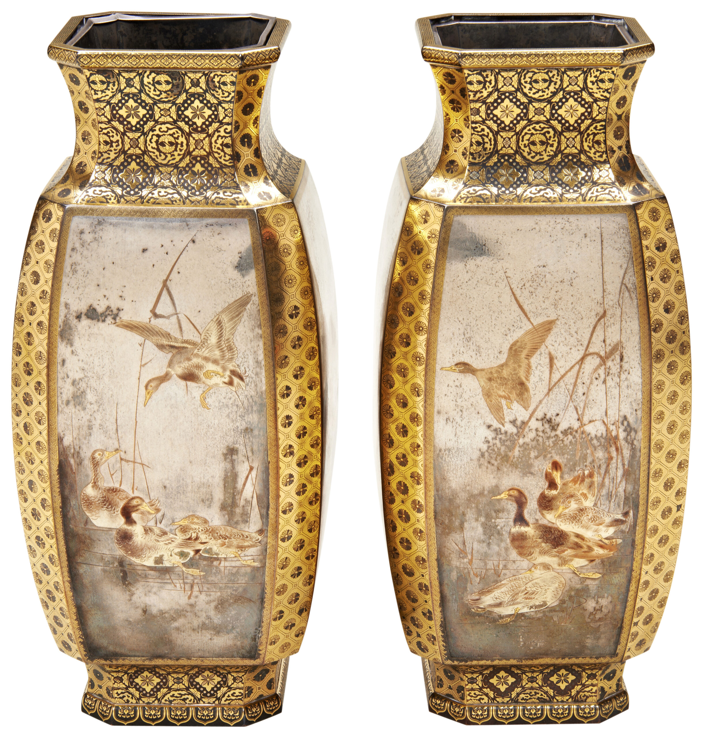 EXCEPTIONAL PAIR OF DAMASCENE BRONZE AND SILVER VASES