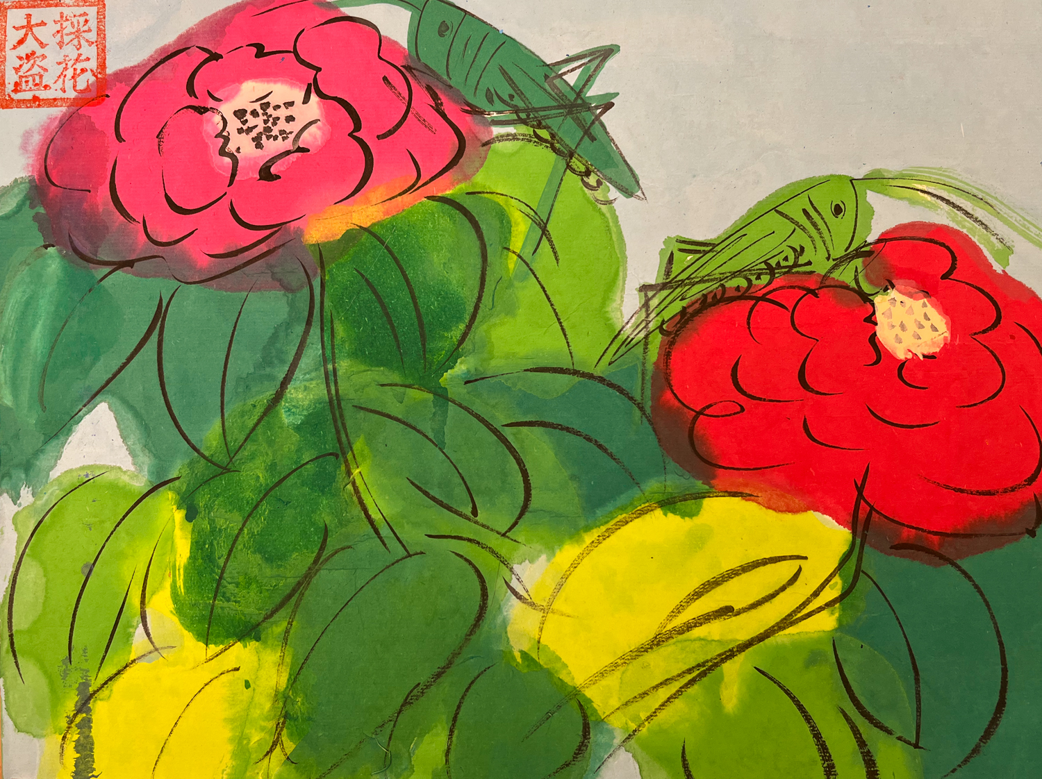 Walasse Ting, Grasshoppers with Roses, 1990s, Chinese ink & acrylic on rice paper, 23.5x33.5cm
