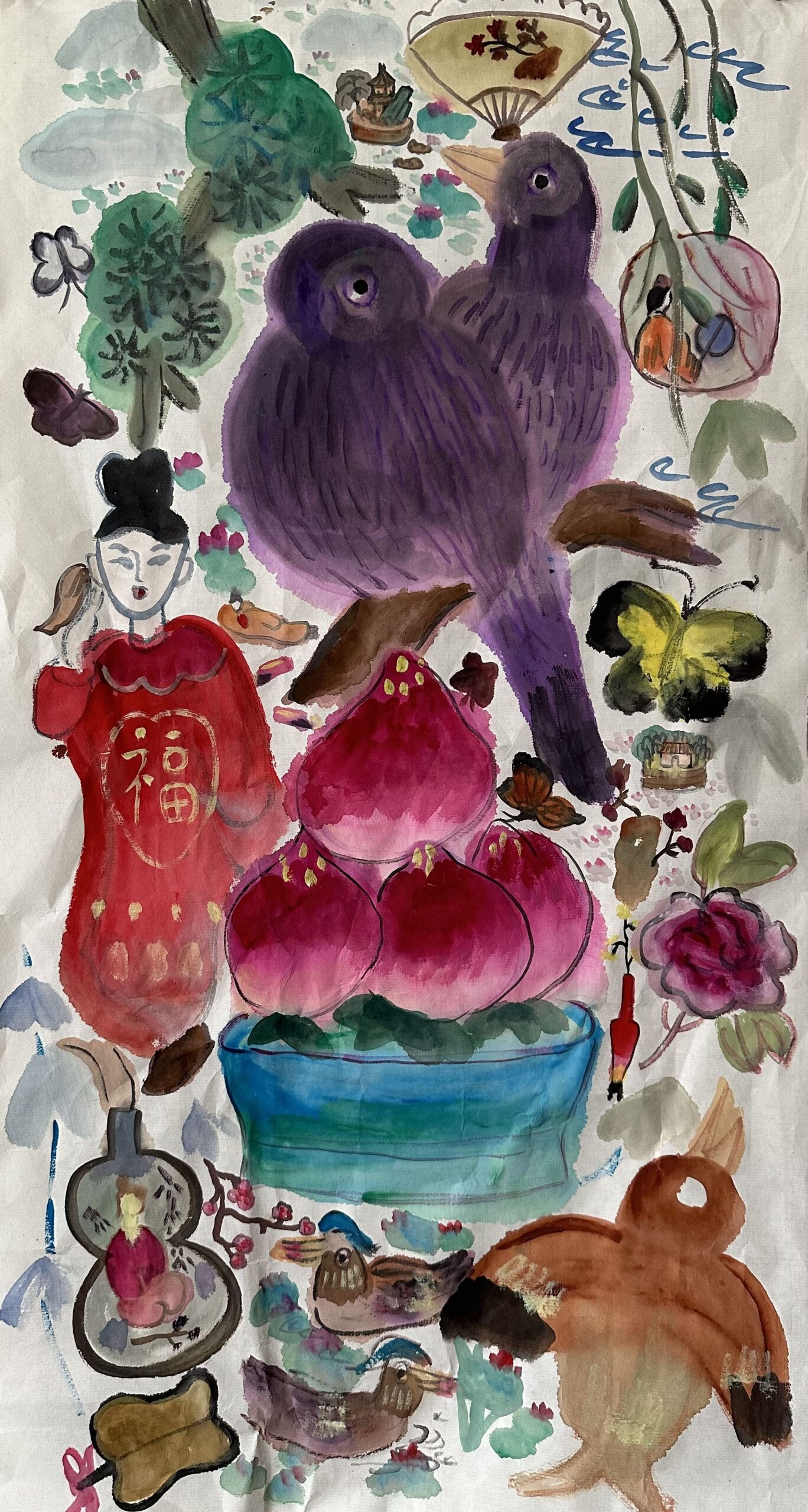 Wang Mengsha, Peach Garden, 2023, Chinese ink & acrylic on rice paper, 73x37cm