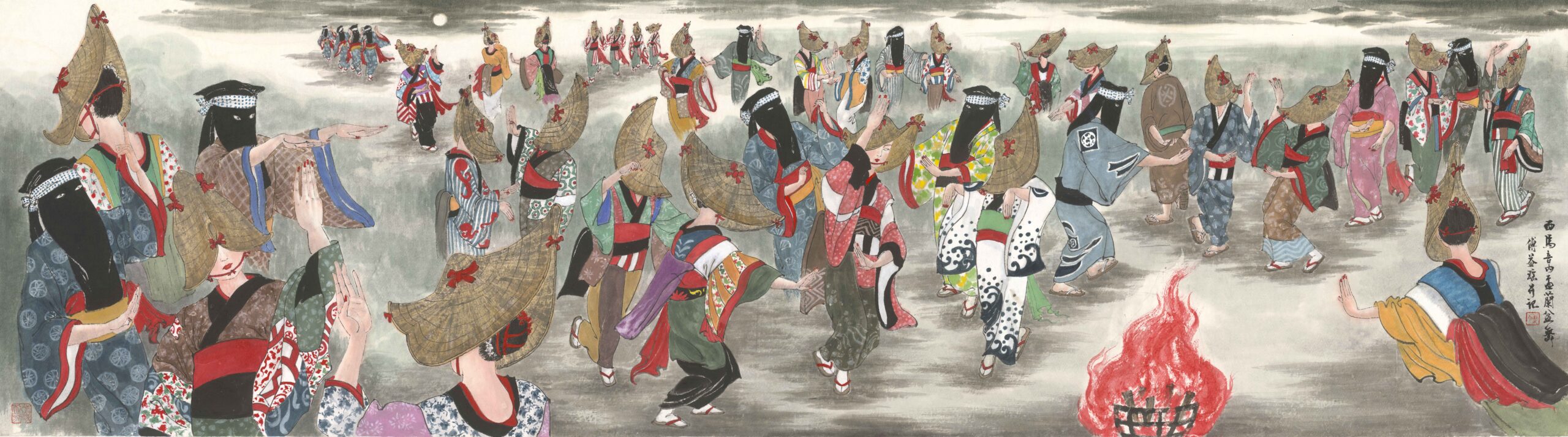 Fu YiYao · Nishimonai Bon Odori · 2023 · Ink and colour on paper · 50x179cm