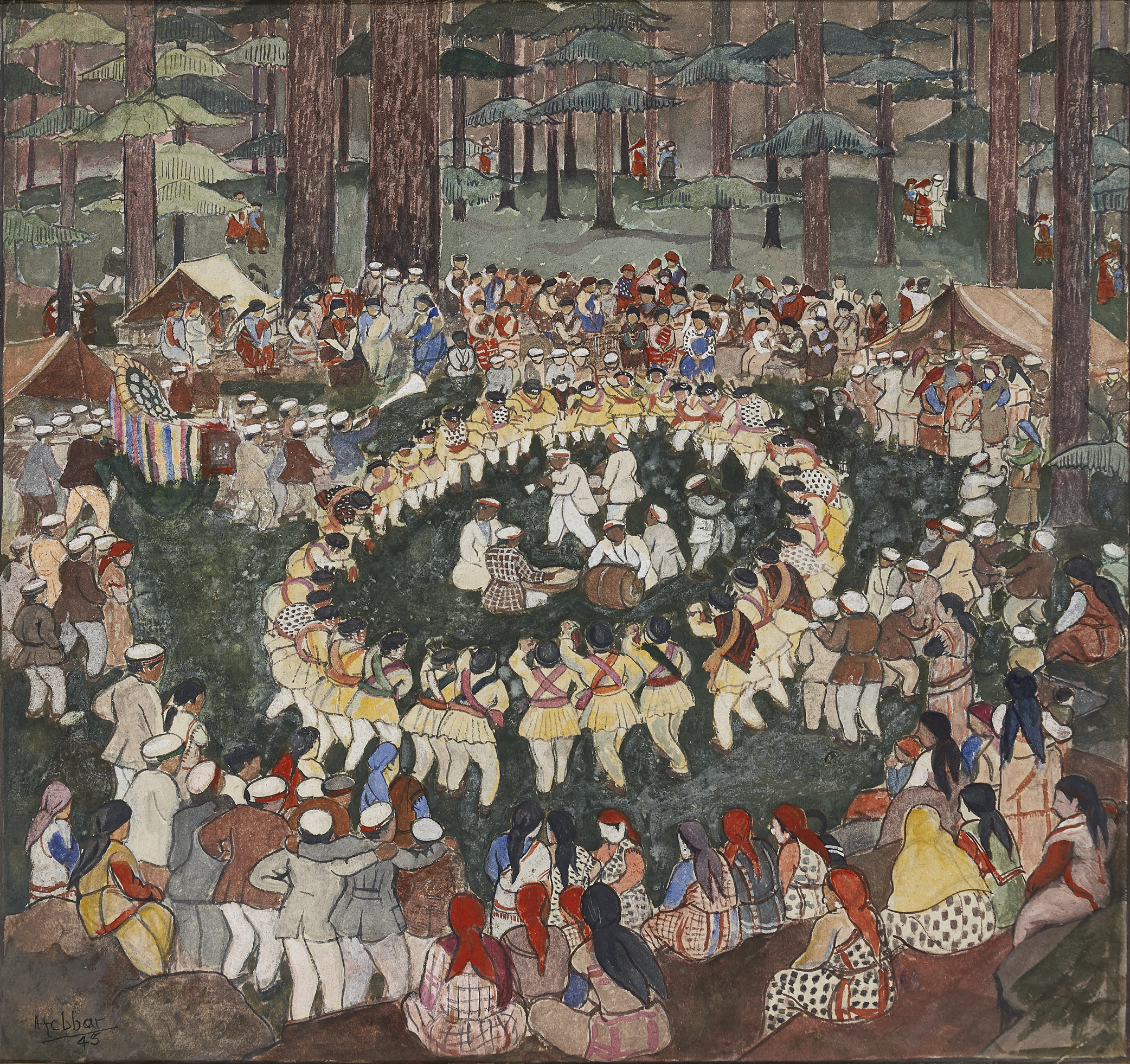 KATTINGERI KRISHNA HEBBAR, Festival Dance, Kulu Valley, Ink, watercolour and gouache on paper, 1945, 10 3/8 x 11 1/8 in. 