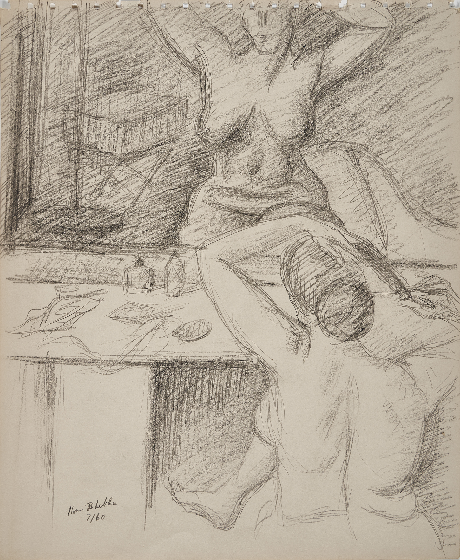 HOMI BHABHA, Lady doing her hair, Pencil on paper, 1960, 16 5/8 x 13 7/8 in.
