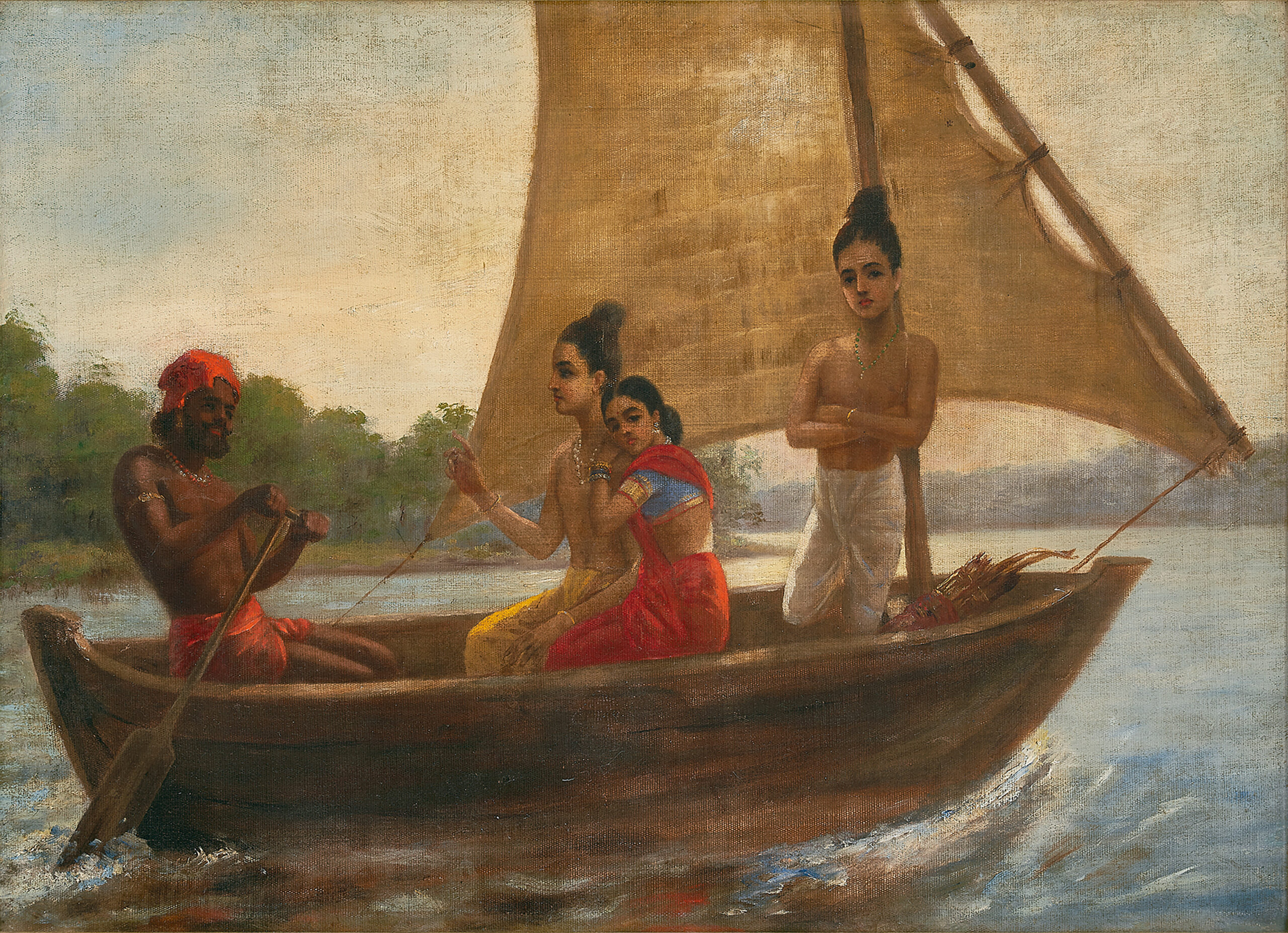 RAJA RAVI VARMA, Rama, Sita and Laxmana Crossing the Sarayu, Oil on canvas, 20 1/2 x 28 in.