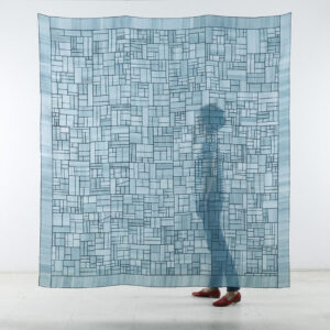 Lloyd Choi Gallery. Lee So-ra(b.1967), Blue Jogakbo #1, 2013. Cold indigo-dyed oksa silk, hand-stitched, 200 × 198 cm. POA. Photo by Gunwon Shu