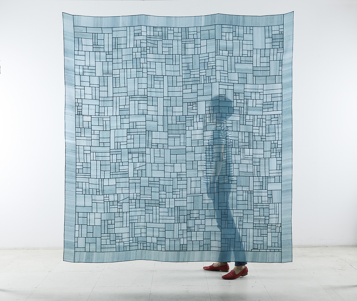 Lloyd Choi Gallery. Lee So-ra(b.1967), Blue Jogakbo #1, 2013. Cold indigo-dyed oksa silk, hand-stitched, 200 × 198 cm. POA. Photo by Gunwon Shu Lloyd Choi Gallery. Lee So-ra(b.1967), Blue Jogakbo #1, 2013. Cold indigo-dyed oksa silk, hand-stitched, 200 × 198 cm. POA. Photo by Gunwon Shu