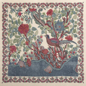 Red Jungle 3, Screen printed and hand embroidered on linen, 23 x 24 in (58 x 60 cm)