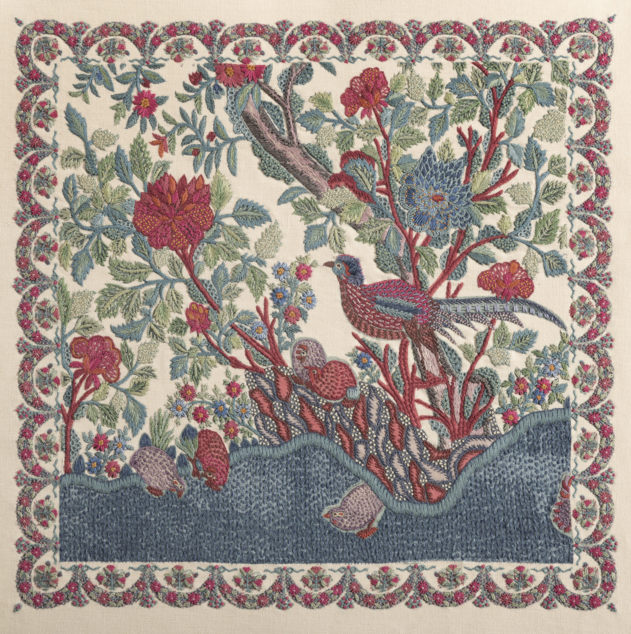Red Jungle 3, Screen printed and hand embroidered on linen, 23 x 24 in (58 x 60 cm)